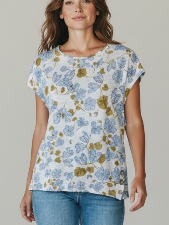 Joie Tops - Joie Floral Cap-Sleeve Tee in Blue & Olive 100% Linen
